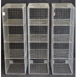 Three industrial salvage metal shelving units,