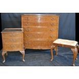 A burr walnut bow front graduated chest of drawers; a burr walnut small chest of drawers;