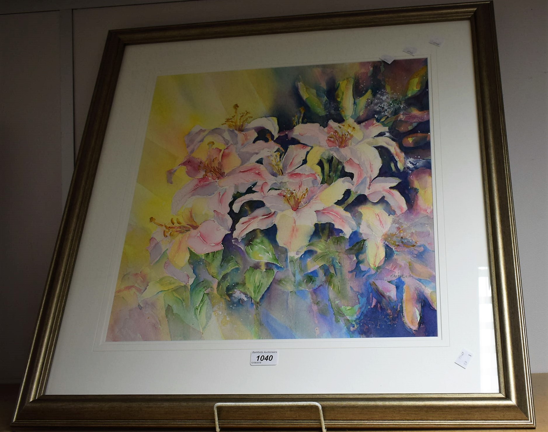 Sheila Gill, contemporary Pink Lilies signed, watercolour, 48cm x 47cm,