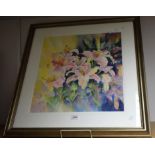 Sheila Gill, contemporary Pink Lilies signed, watercolour, 48cm x 47cm,