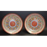 A pair of Japanese Thousand Faces pattern plates, decorated in tones of red, blue and green,