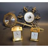 Clocks and Barometers - a brass carriage clock, white dial, Roman numerals,