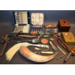 Boxes and Objects - OXO cubes; others; whistles; leather plough; vesta holder; button hook; horn;