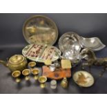 Metalware - a silver plated teapot; a plated sugar sifter; a set of postal scales with weights;