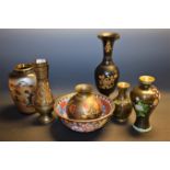 A Chinese cloisonné inverted baluster vase; a cloisonné bowl; a Japanese engraved brass vase;