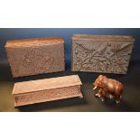 A carved Indian jewellery box, fitted interior; another pen box,