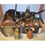 Metalware - a Garrards EPNS three piece tea set; salver; copper planters; lamps; warming pan;