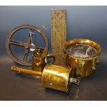 A 19th century brass meat jack with suspension ring; a brass hot water pot and cover;