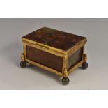 A 19th century agate rectangular miniature casket, hinged cover, gilt metal mounts, ball feet,