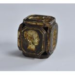 An early Victorian gilt metal six-sided cube seal, with intaglio matrices depicting Queen Victoria,