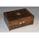 A George III morocco leather rectangular box, hinged cover with ring handle, brass ball feet, 21.