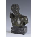 A museum-type dark patinated model, of Hermes, after the antique, marble base,