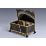 A 19th century French gilt-metal banded agate table casket, hinged cover, ball feet, 11.5cm wide, c.