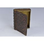 A 19th century leather bound tin novelty snuff box, as a book, hinged cover, 8.