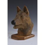 A Black Forest type carving, of a dog's head, painted features, canted oak base, 27.