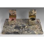 A large Art Deco period marble rectangular inkstand, square well with hinged covers, pen recess,