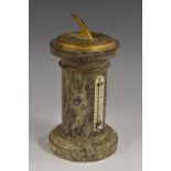 A 19th century gilt brass mounted serpentine desk top sundial, compass and thermometer, as a column,