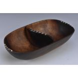 Tribal Art - an African two-tone hardwood food bowl, probably Zulu, serpentine central division,