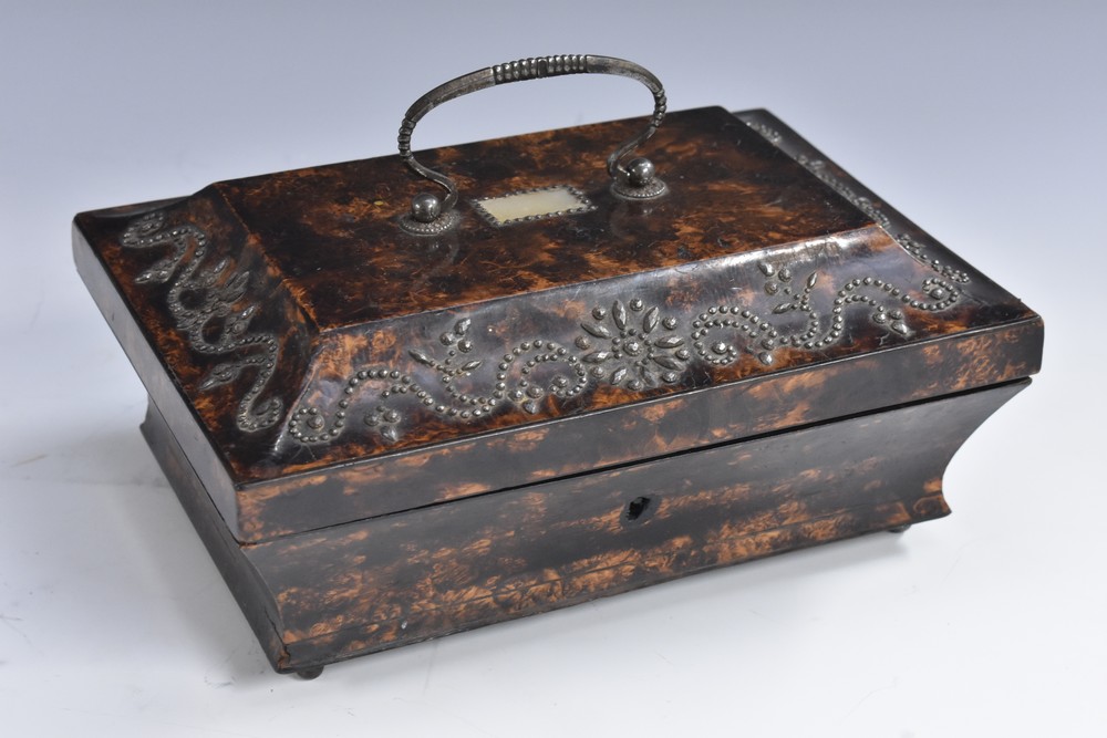 A 19th century French scumbled and cute steel sarcophagus work box,