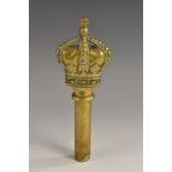 An early 20th century brass tipstaff or pole head, possibly Friendly Society, crown finial,