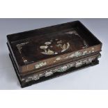 A 19th century Chinese hardwood and mother-of-pearl marquetry rounded rectangular opium tray,