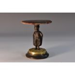 An agate, dark patinated and parcel-gilt bronze miniature table, circular top,