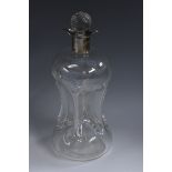 A Victorian silver mounted clear glass pinched square spirit decanter, wrythen globular stopper,