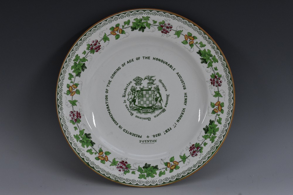 A 19th century armorial plate, transfer printed with the arms and motto of Vernon of Sudbury Hall,