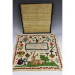 A Victorian needlework sampler, typically worked in brightly coloured threads with recumbent stag,