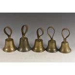 A set of four brass campanology bells, leather strap handles, the smallest marked 12oz, 8cm to 6.