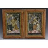 A pair of early 19th century appliqué pictures, worked with scenes of family life,