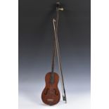 A one-string fiddle, stamped BG, 91cm long; a violin bow, unsigned,