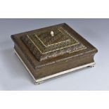 An Anglo-Indian sadeli marquetry square box and cover, decorated throughout with geometric lozenges,