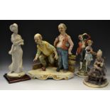 Capodimonte - 'The Drinking Boules Players'; Old Lady Spinning signed A Giaretti;