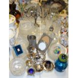 Glass and plate ware - a silver plated three branch candelabra, pepperettes, sugar sifter,