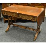 A Reprodux mahogany sofa table, two drawers to frieze, turned double refectory stretcher, drop leaf,