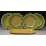 Clarice Cliff - a set of four brown and green banded soup bowls;