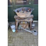 Salvage - a large galvanized wash tub; tilley lamps; early 20th century sheep shearers;