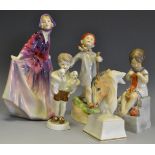 A Royal Worcester figure Sunday's child; others Thursday's child, boy with puppies,