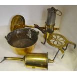 A George III brass trivet; a George Salter clockwork spit jack; a George III brass skillet;