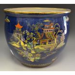 A Carlton Ware pagoda pattern jardiniere on a blue ground c.