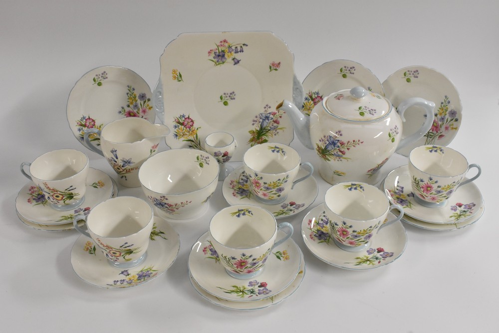 A Shelley Henley shaped Wild Flowers pattern tea service, for six comprising teapot, milk jug,