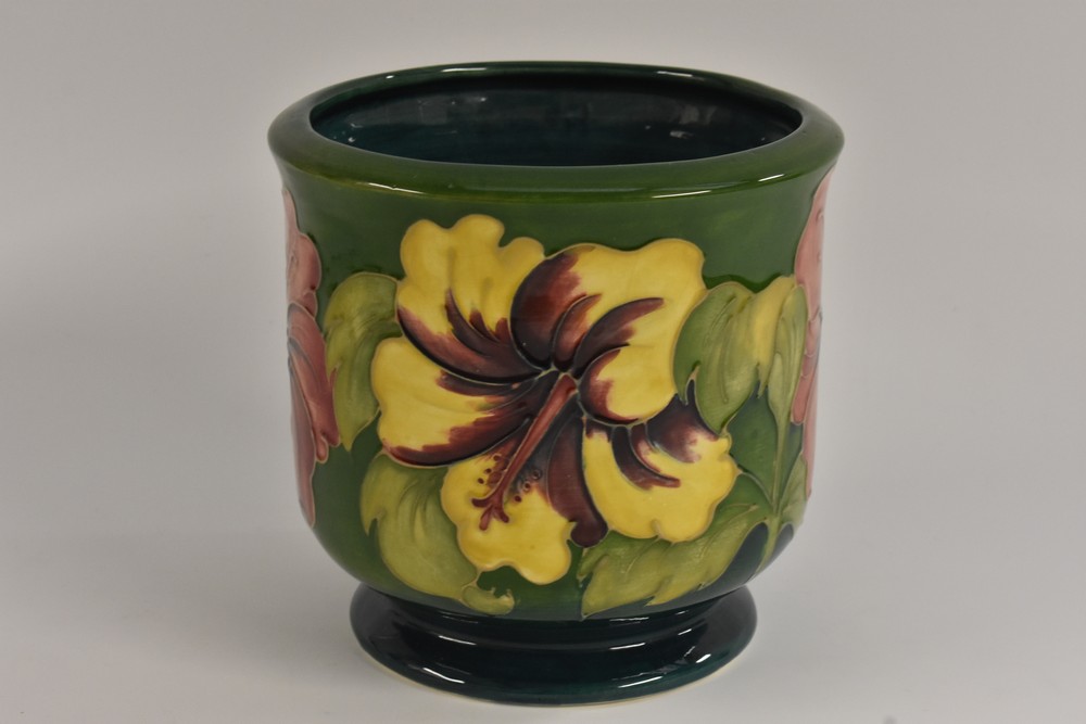 A Moorcroft Hibiscus pattern jardinière, tube lined with large purple flowerheads on a green ground,