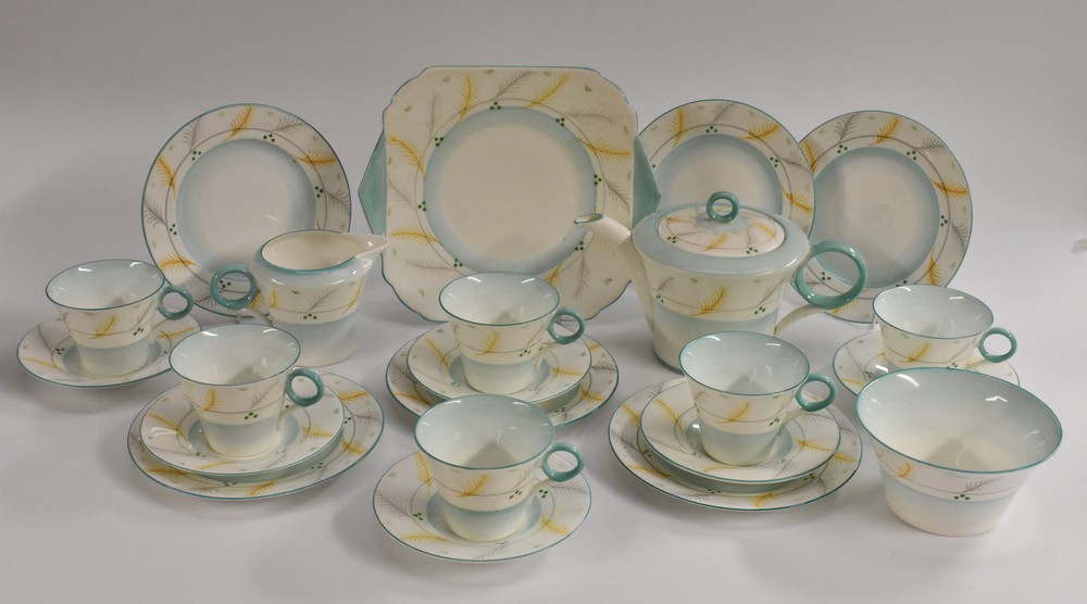 A Shelley Art Deco Regent shape tea service for six, comprising teacups, saucers, tea plates,