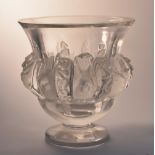 A Lalique Dampierre pattern pedestal vase, in relief with alternating frosted lovebirds and vines,