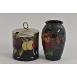 A Moorcroft Finches pattern miniature ovoid vase, applied with birds perched amongst ripe fruit,