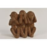 A German Karlsruhe salt glazed stoneware monkey group, speak no evil, see no evil and hear no evil,