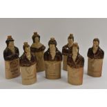 A set of seven Denby stoneware Reform flasks, Daniel O'Connell, William IV, Lord John Russell (2),