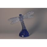 A Lalique Dragonfly, in blue, 9cm high, engraved mark, model no.