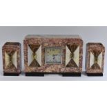 An Art Deco marble clock garniture, 9cm square silvered dial, single winding hole,